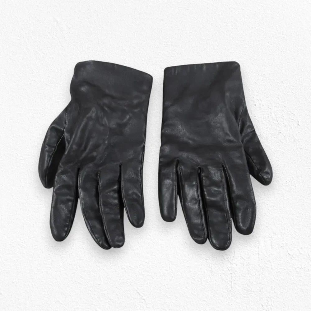 Vintage 70s Black Leather Wool Blend Lined Driving Gloves Size Small